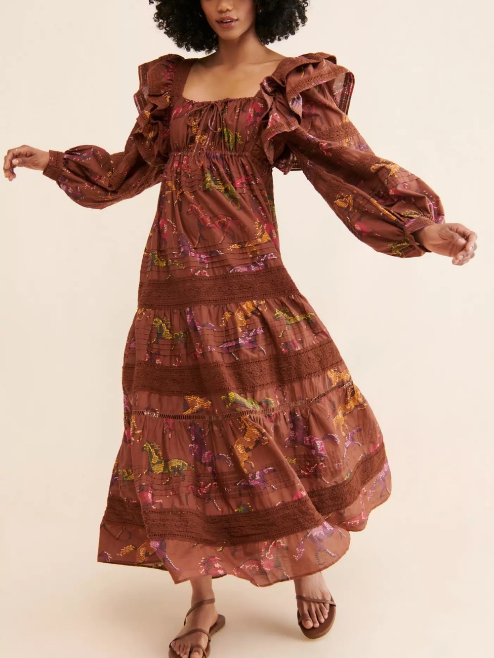 FARM Rio🤎Brown Dotted Horses Ruffled Maxi Dress with Square Neckline 🐎 Size S
